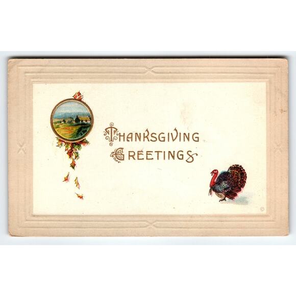 Vintage 1912 Thanksgiving Lithograph Postcard with Turkey & Scenic View - Picture 1 of 2